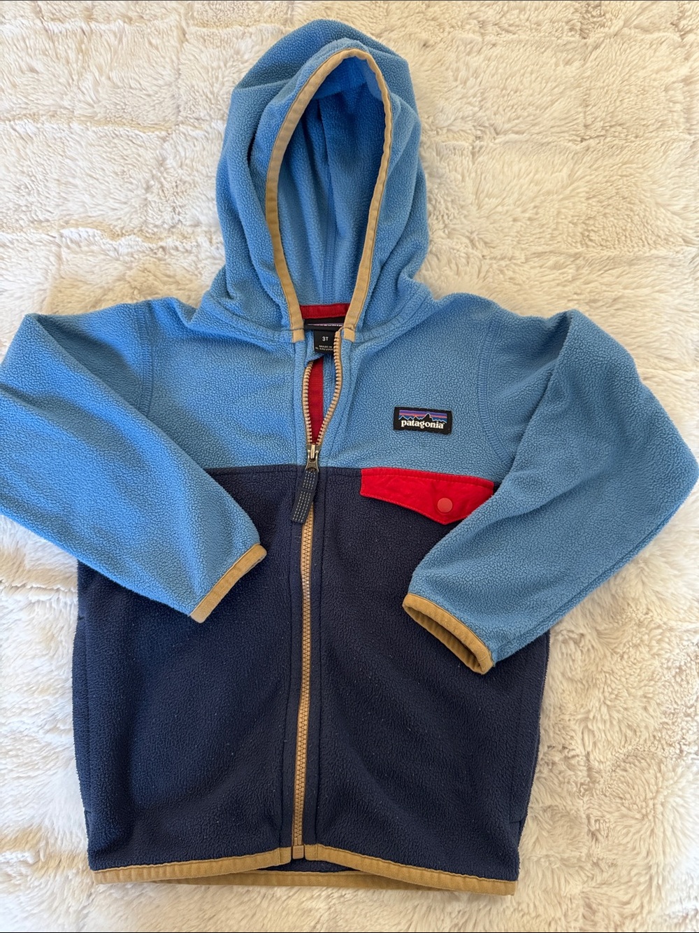 Patagonia Kids Two-Tone Fleece Hoodie in Light Blue, Navy & Red